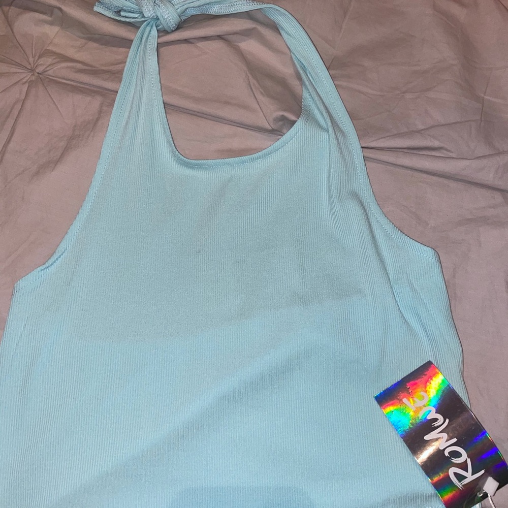blue tied neck top